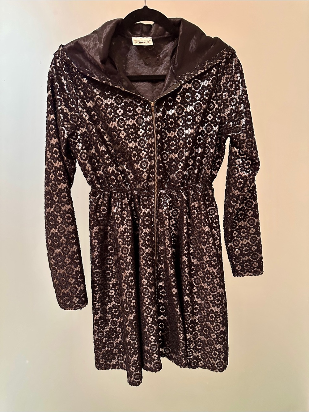 Vocal Hooded Black Lined Jacket with Decorative Shimmery Lace Details